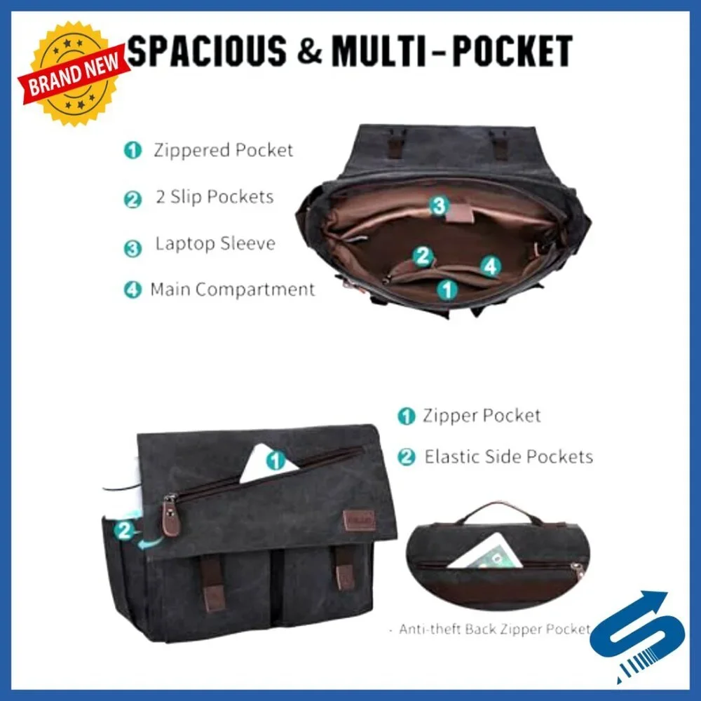 Water Resistant Canvas Messenger Bag for 14 Inch Laptop, Business Satchel